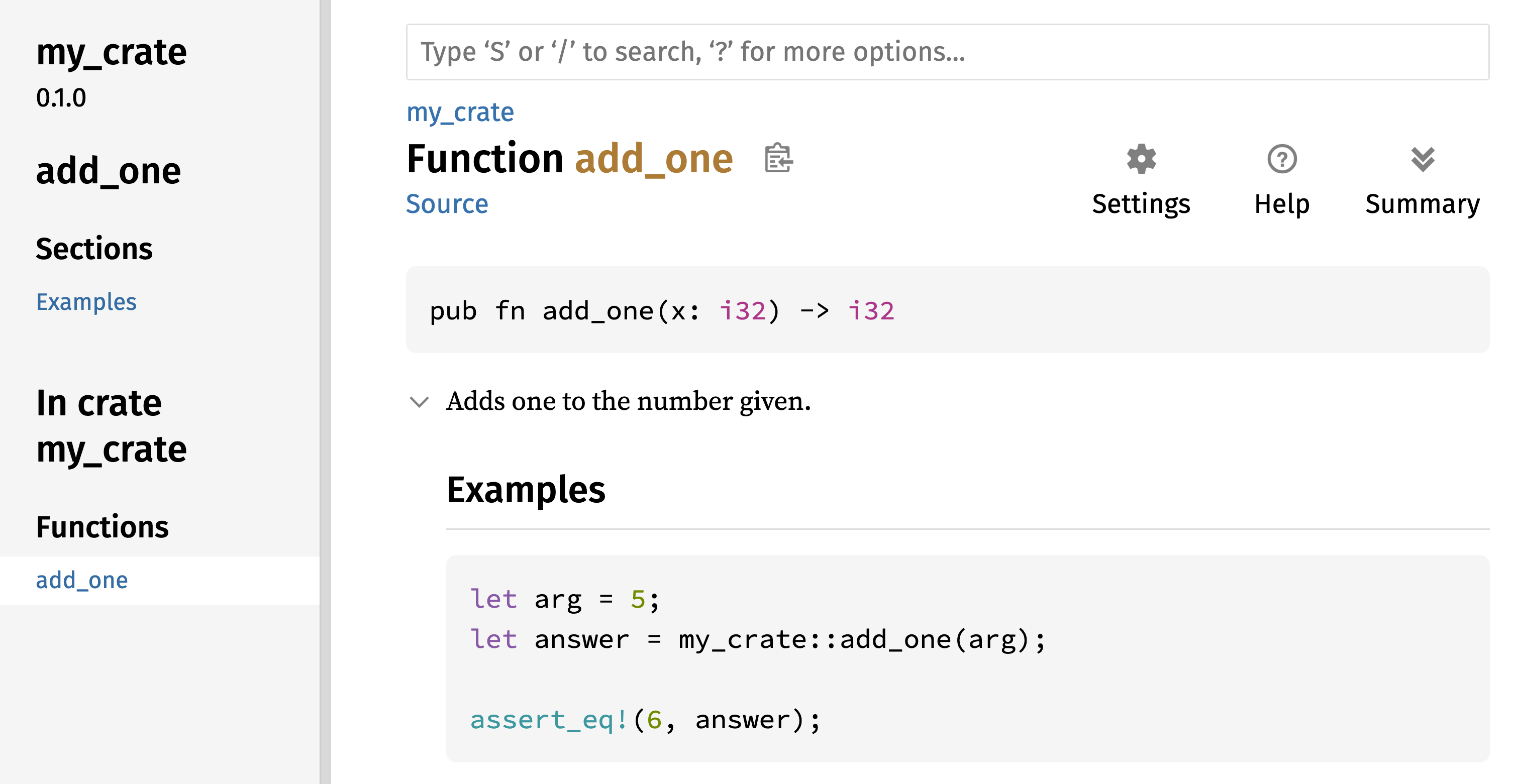 HTML-документация функции `add_one` из крейта `my_crate`